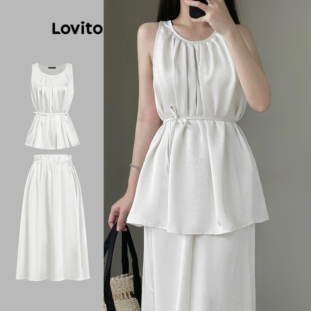 Lovito ชุดกระโปรงจีบเรียบหรูพร้อมเข็มขัดสำหรับผู้หญิง L104ED571