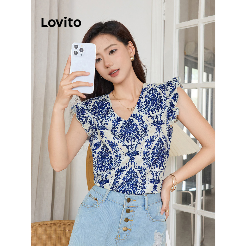 Lovito เสื้อเบลาส์ผู้หญิง มีลาย สีพื้น สไตล์โบโฮ L91AD150
