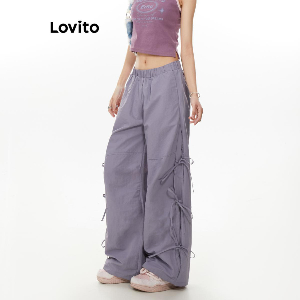 Lovito กางเกงขายาวผู้หญิง ผูกเชือก สีพื้น สไตล์ลำลอง LNA69430