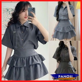 Set váy nữ sang chảnh áo sơ mi thêu nơ nhỏ kèm chân váy 2 tầng xòe bồng xinh xắn chất xước thái hàng đẹp B324-PANOSI
