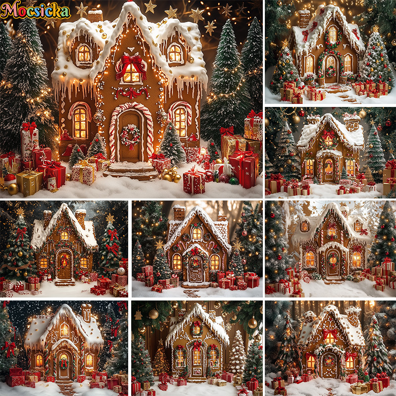 พื้นหลังการถ่ายภาพ ฤดูหนาว Xmas Gingerbread House Glitter Christmas Tree Decor เด็กภาพฉากหลังสตูดิโอ