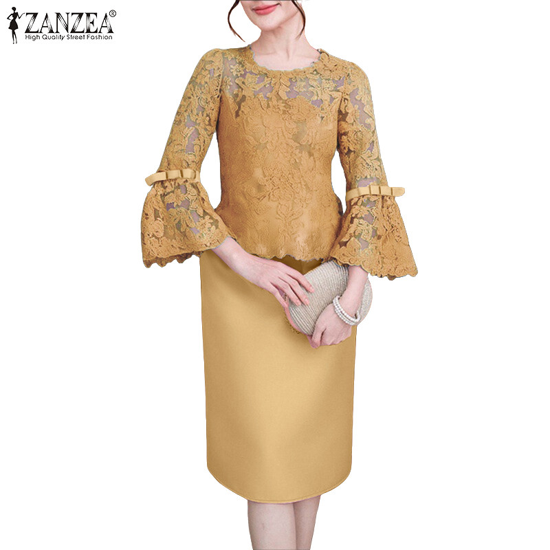 ZANZEA ชุดแขนยาวสำหรับผู้หญิง สไตล์เกาหลี ดีไซน์ลายลูกไม้ พิมพ์ปะติดปะต่อ ทรงสง่า