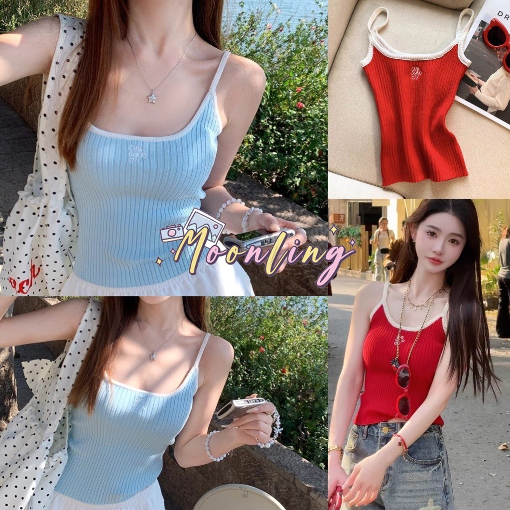 🌜Moonling🌛พร้อมส่งจากไทย เสื้อสายเดี่ยว เข้ารูป สีสดใส ผ้าร่องปักตัวอักษร ซัมเมอร์ สไตล์เกาหลี *Y991