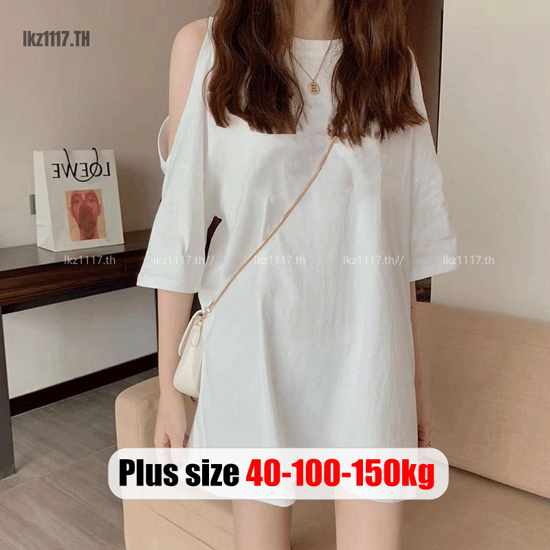 Plus Size✅เสื้อยืดผู้หญิงสาวอวบ ไซส์ใหญ่ เสื้อยืดโอเวอร์ไซส์ ปาดไหล่ แขนสั้น ทรงหลวม คอกลม ฤดูร้อน เกาหลี สไตล์ลำลอง พลัสไซส์ สาวอวบอ้วน