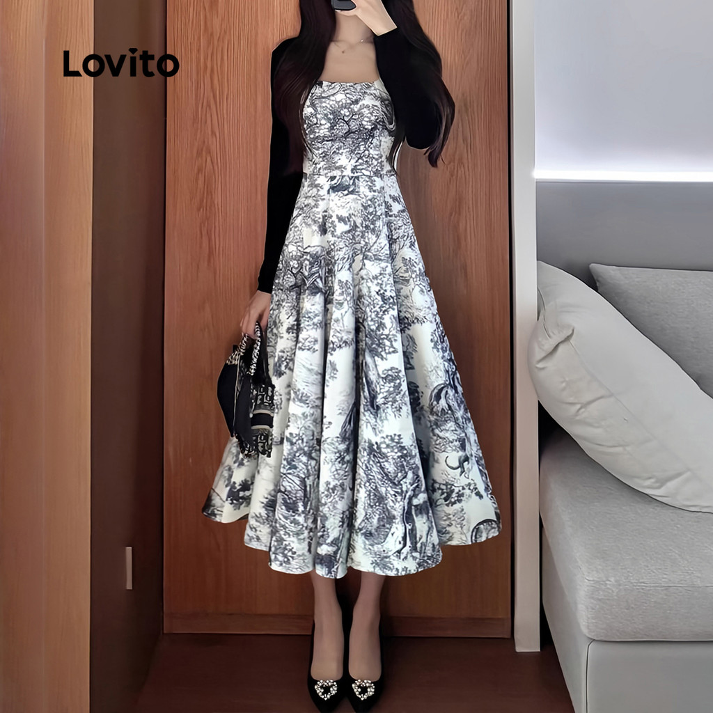 (Trendy) Lovito ชุดเดรสหรูหรา สัมผัสนุ่ม เบาสบาย สำหรับฤดูใบไม้ผลิ/ฤดูร้อน สำหรับผู้หญิง L137LD284