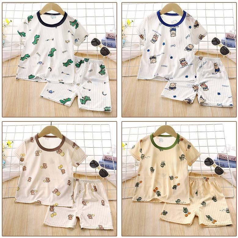ชุดแขนสั้นผ้าไหมเย็นสำหรับเด็กฤดูร้อน เสื้อผ้าสำหรับเด็กชายและเด็กหญิง ชุดนอนเด็กทารก