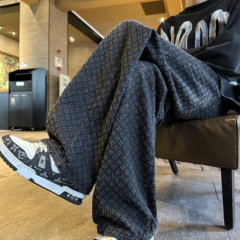 Street Wear Fried Street American hiphop กางเกงขากว้างผู้ชาย Jacquard กางเกงยีนส์พิมพ์ลาย Distressed