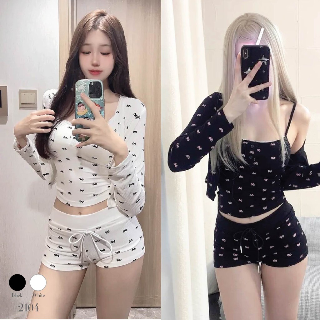 เซ็ต3ชิ้น เสื้อสายเดี่ยว กระดุมหน้า + กางเกงเอวเชือกรูดขาสั้น + เสื้อคลุมแขนยาว ชุดไปทะเล #2104