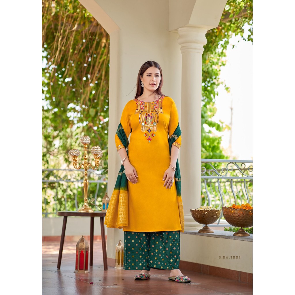 ปักเรยอน Kurtis Palazzo พร้อม Jacquard Dupatta