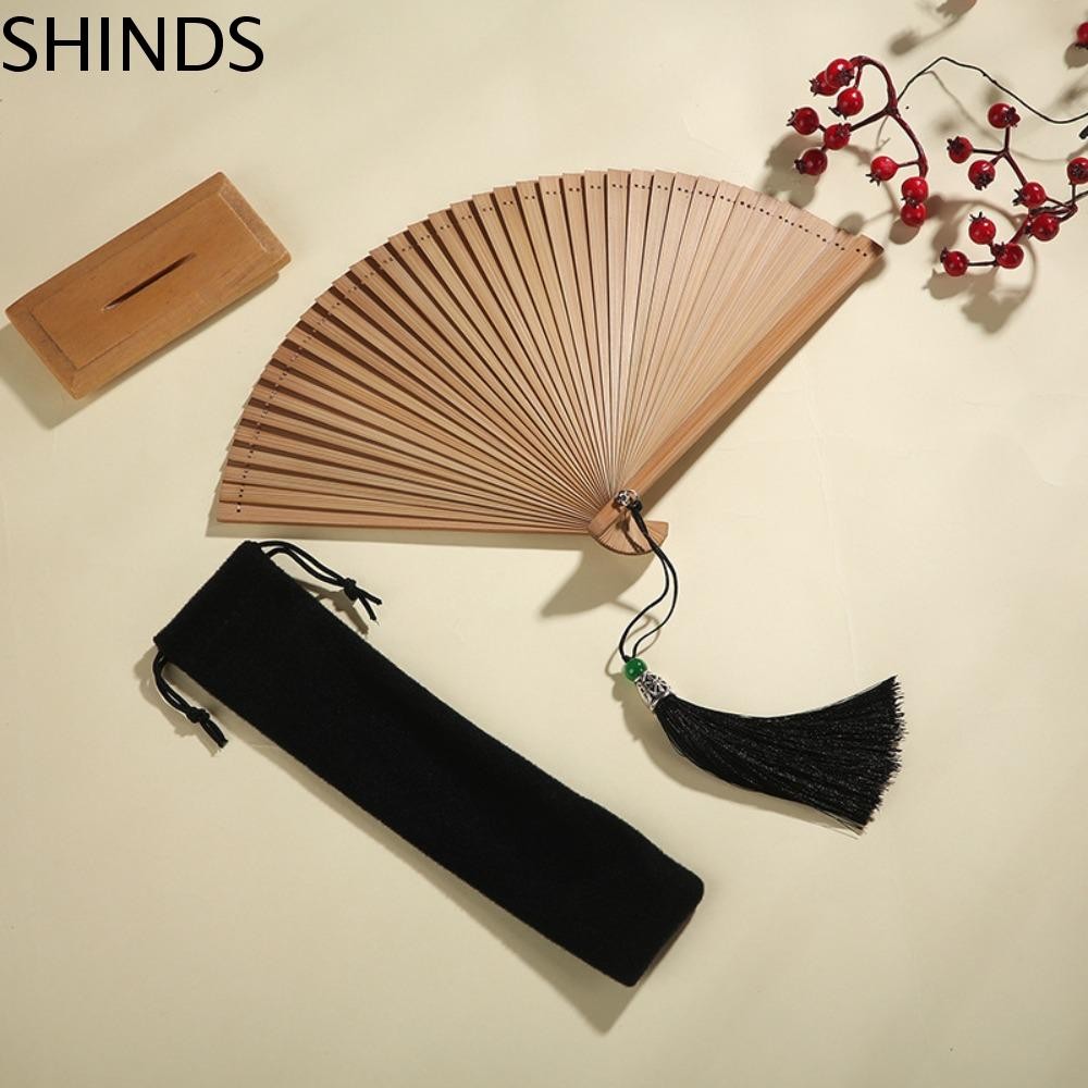 SHINDS พัดลมไม้ไผ่สีดํา 1 ชิ้นอุปกรณ์ประกอบฉากเต้นรํา Handmade Compact เครื่องประดับแบบพกพา