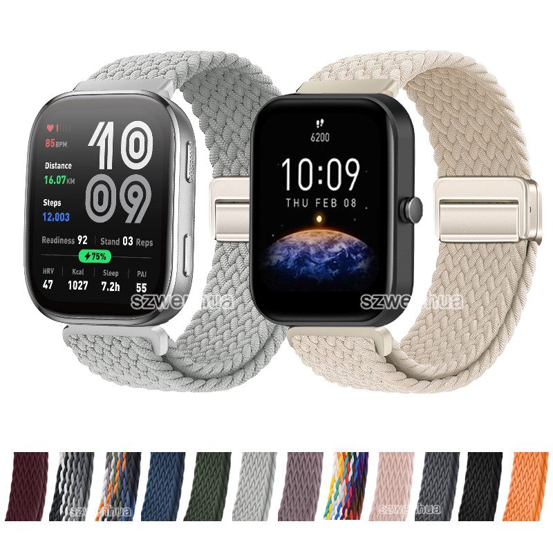 สายทอไนลอนยืดสําหรับ Huami Amazfit Bip 6 5 3 Pro GTR Mini 4 3 2 42 มม.47 มม.GTR2 GTR 2E GTR4 GTR3 Pro หัวเข็มขัดแม่เหล็กเปลี่ยนสายรัดข้อมือ