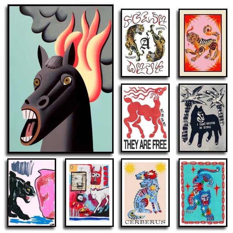 โปสเตอร์พิมพ์สัตว์นามธรรมวินเทจสไตล์ยุคกลางผนังศิลปะผ้าใบภาพวาดสีน้ํามันห้องนั่งเล่นตกแต่งห้องนอนภาพวาด ไม่มีกรอบ ตกแต่งบ้าน