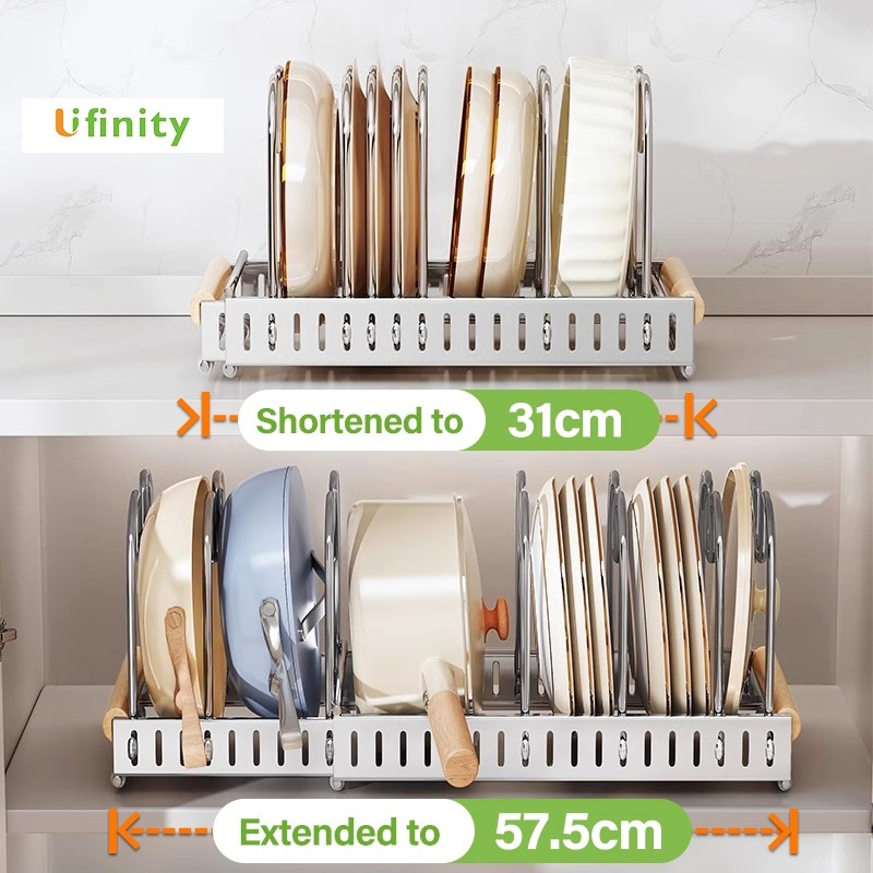Lifinity ชั้นวางจานสแตนเลส พร้อมด้ามจับไม้และถาดน้ำแบบถอดได้ ชั้นวางในครัว