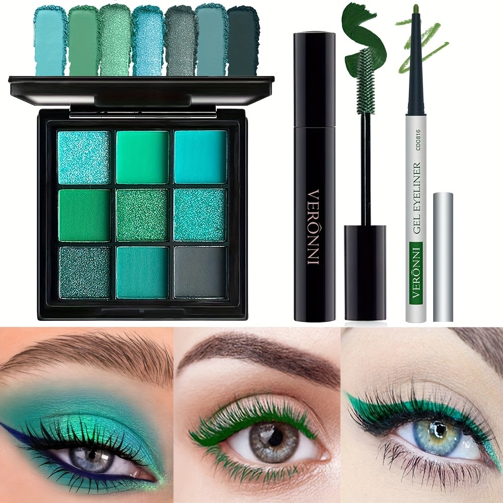 VERONNI 3 ชิ้น Eye Makeup Set - พาเลทอายแชโดว์สีเขียว 9 สี, มาสคาร่าจับคู่และอายไลเนอร์, Matte & Shimmer Finishs, ชุดเม็ดสีสูงกันน้ําสําหรับเทศกาลVibrant ดู