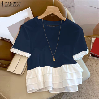 ZANZEA สไตล์เกาหลียอดนิยม เสื้อลูกเรือแขนสั้น ขอบกระพุ้งแขนและซ้ายContrast เสริมลุคเก๋ไก๋