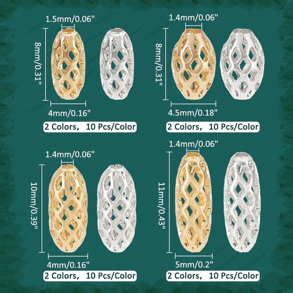 PH PandaHall 80pcs 4 Sizes Hollow Out Brass Beads 8~11mm Oval Rice Spacer Beads Filigree Hollow Bead