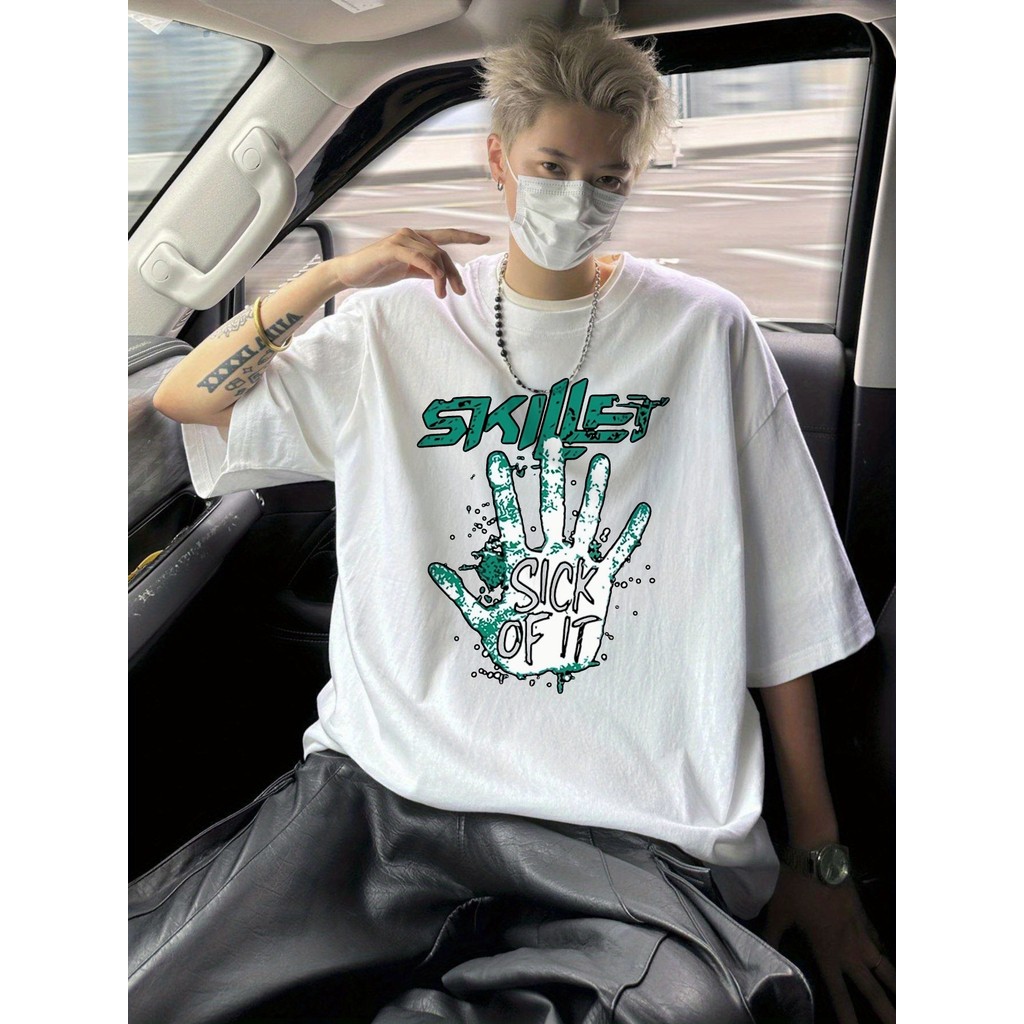เสื้อยืดผู้ชาย คอกลมเท่ๆยืด 100％cotton oversize แฟชั่น Skillet Sick Of It Design CODพร้อมส่ง