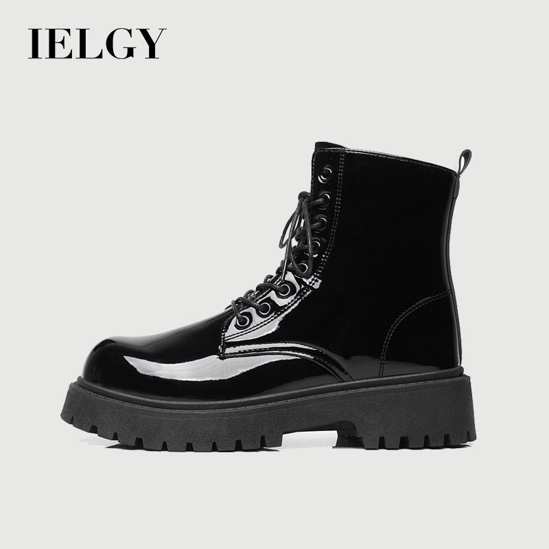 IELGY 2026 รองเท้าบูท รองเท้าบูท สีดําอังกฤษกังหันลมรองเท้าสินค้าสูงด้านบนหนังนุ่มกันน้ํารองเท้าหนัง