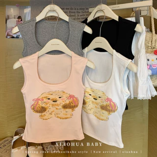 #476 เสื้อกั๊กแขนสั้น ดีไซน์การ์ตูนน่ารักลายลูกสุนัข พร้อมแผ่นฟองน้ำหน้าอก ยืดหยุ่น สไตล์เกาหลี สุดน่ารัก ราคาถูก