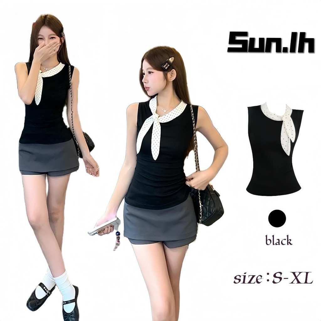 SUN🛍️พร้อมส่ง🛍️เสื้อกั๊กเกาหลีผู้หญิงฤดูร้อน 2026 ใหม่เสื้อแขนกุดลายจุดหวานเสื้อยืดแพทช์เวิร์ค