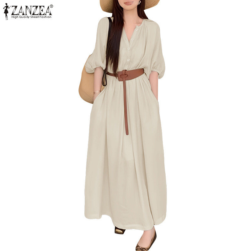 ZANZEA ใส่ ซานเซีย ผู้หญิงเกาหลีสบายๆคอวีปุ่มกระเป๋าด้านข้างไม่มีเข็มขัดพัฟครึ่งแขนสีทึบชุดหลวม