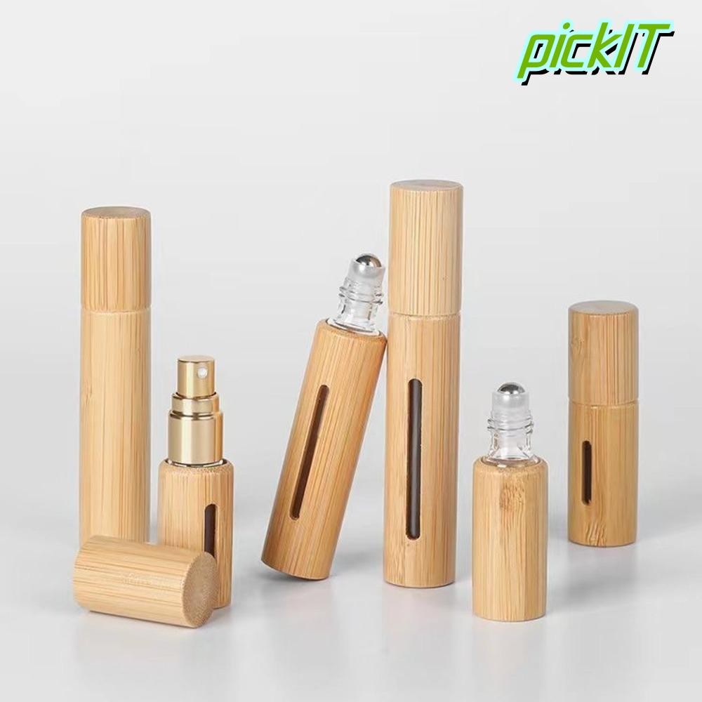PICKITT ไม้ไผ่ม้วนบนขวด,พร้อมลูกกลิ้งสแตนเลสชุดเดินทางขวดลูกกลิ้ง,มินิ 3ml/5ml/10ml/15ml ขวดรีฟิลแบบ