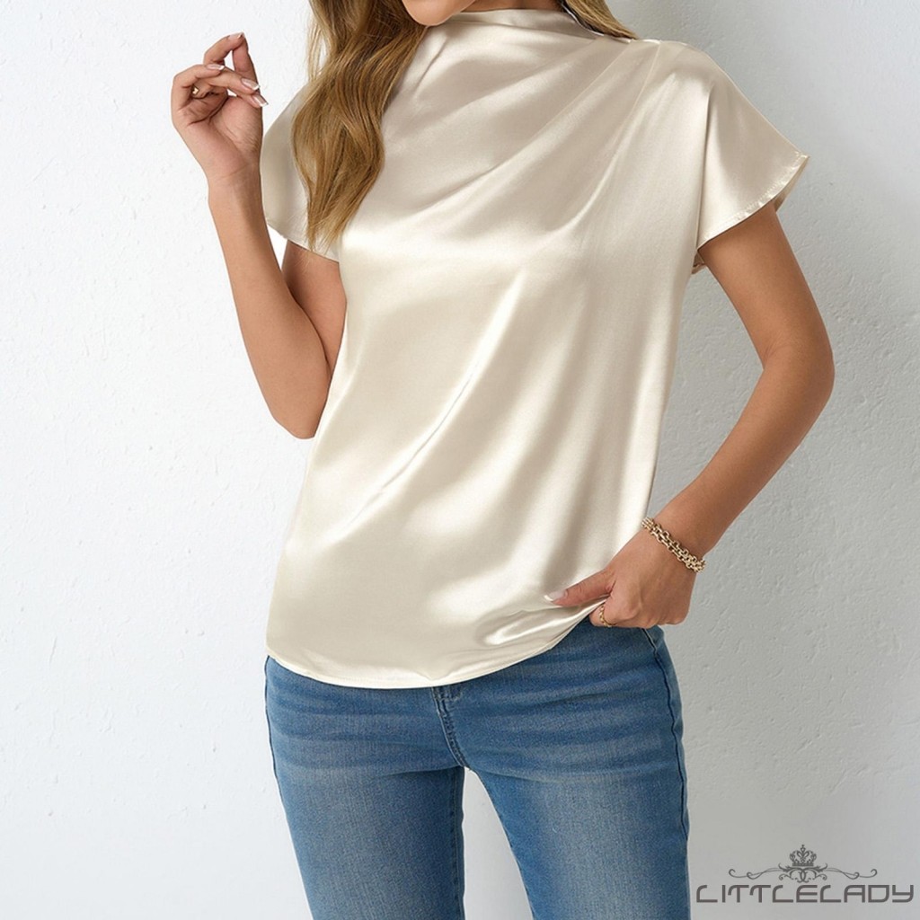 LTL - ท็อปส์แฟชั่นสำหรับผู้หญิง สไตล์ Batwing แขนสั้น คอจำลอง ทำจากซาติน