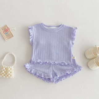 ชุดเด็กผู้หญิงแบบใหม่ สีทึบ เซ็ตสองชิ้น กางเกงขาสั้นเกาหลี