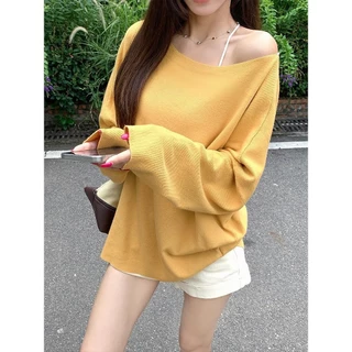 MOESSQUEEN เสื้อกันหนาวเซ็กซี่ไหล่เอียง-basic สีทึบสำหรับฤดูใบไม้ร่วงและหนาวปี #59962
