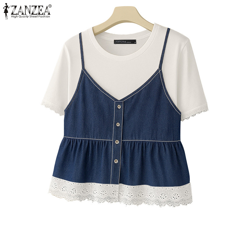 ZANZEA ซานเซีย เสื้อลายลูกไม้แขนสั้นสำหรับผู้หญิง ออกแบบสไตล์เกาหลี คอกลม ทรงหลว