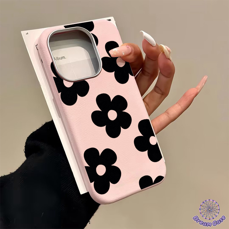 เคสไอโฟน 11 แฟชั่นดอกไม้สีดำพื้นผิวหนังนุ่ม สำหรับ IPhone 17 AIR 11 16 14 13 12 15 Pro Max 14 15 7 8 16 Plus X XS XR