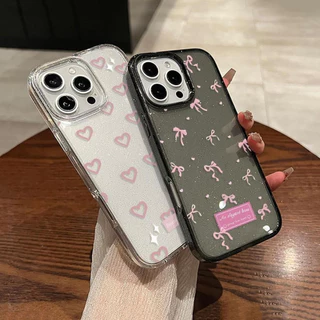 เคส iPhone 16 Pro Max iPhone 11 เคสใสแบบแวววาว TPU นุ่มสีสันสดใส หัวใจและโบว์สีชมพูน่ารัก Compatible iPhone15