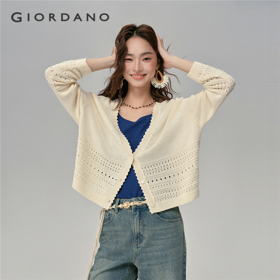 GIORDANO WOMEN Hollow jacquard v-neck raglan sleeve cardigan 18355211