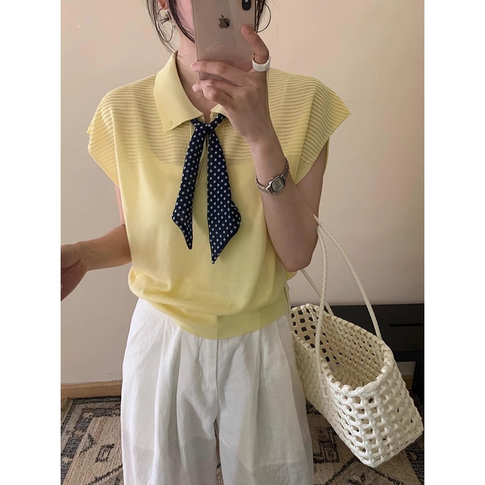 เสื้อโปโลหลวมสีเทา แขนถัก สบายในอากาศร้อน ทำจากผ้าไหมน้ำแข็ง