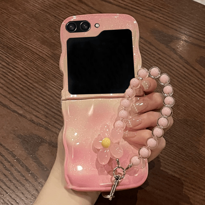 LUKEN Ins เกาหลีน่ารัก Fresh Glitter Pink Wave Edge Case ดอกไม้ลูกปัดสําหรับ Samsung Galaxy Z Flip7 