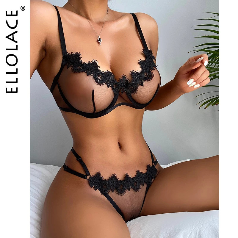 ELL Sensual Lingerie Woman Transparent Lace Exotic Costumes Sheer Porn Intimate 2-Piece Underwire Br