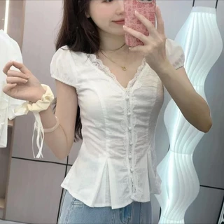 Chili Koko เสื้อเชิ้ตลูกไม้สีขาว คอวี ลูกไม้บริสุทธิ์ สำหรับผู้หญิง ดีไซน์เฉพาะ เหมาะสำหรับชุดต้นฤดูร้อน W631
