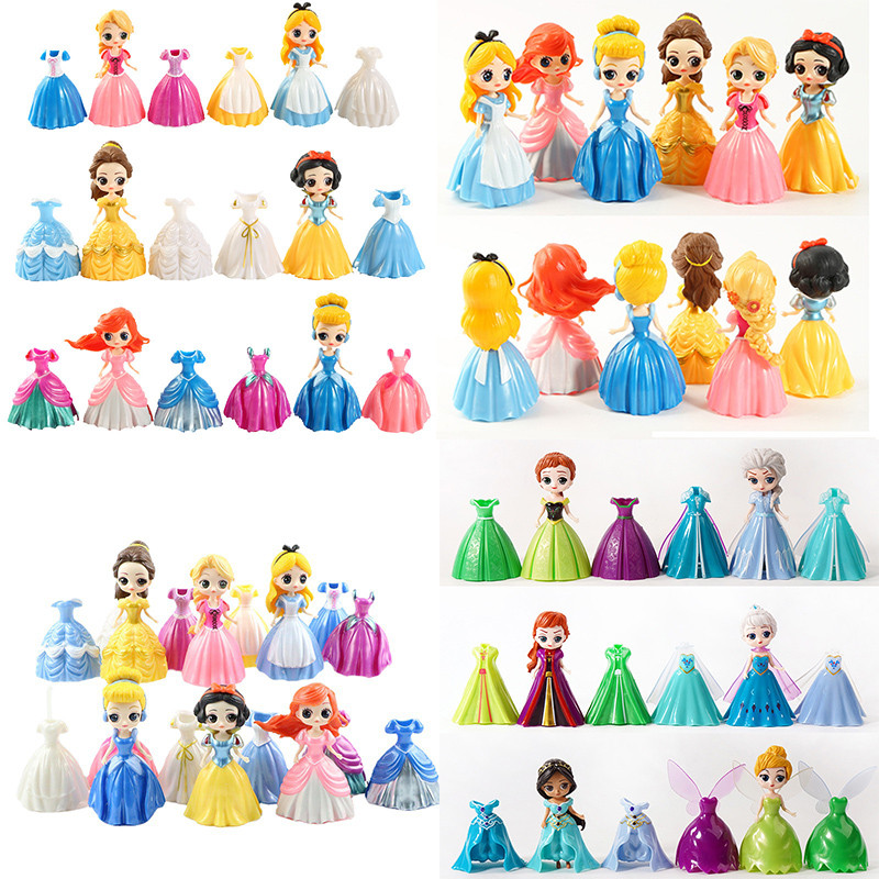 6 รูปแบบ 6 ชิ้นเจ้าหญิงอลิซสโนว์ไวท์เบลล์ซินเดอเรลล่า Tangled Mermaid Ariel ชุดเปลี่ยน Elsa Anna Aurora รูป Pvc รูปของเล่น