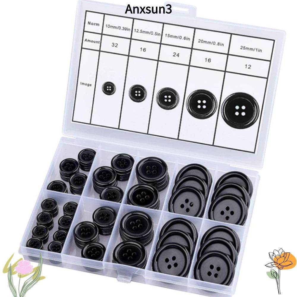 ANXSUN3 กระดุมเรซิน 100 ชิ้น ขนาด 10/12.5/15/20/25 มม. สีดํา 4 หลุม ทรงกลม สําหรับตกแต่งและงานฝีมือ