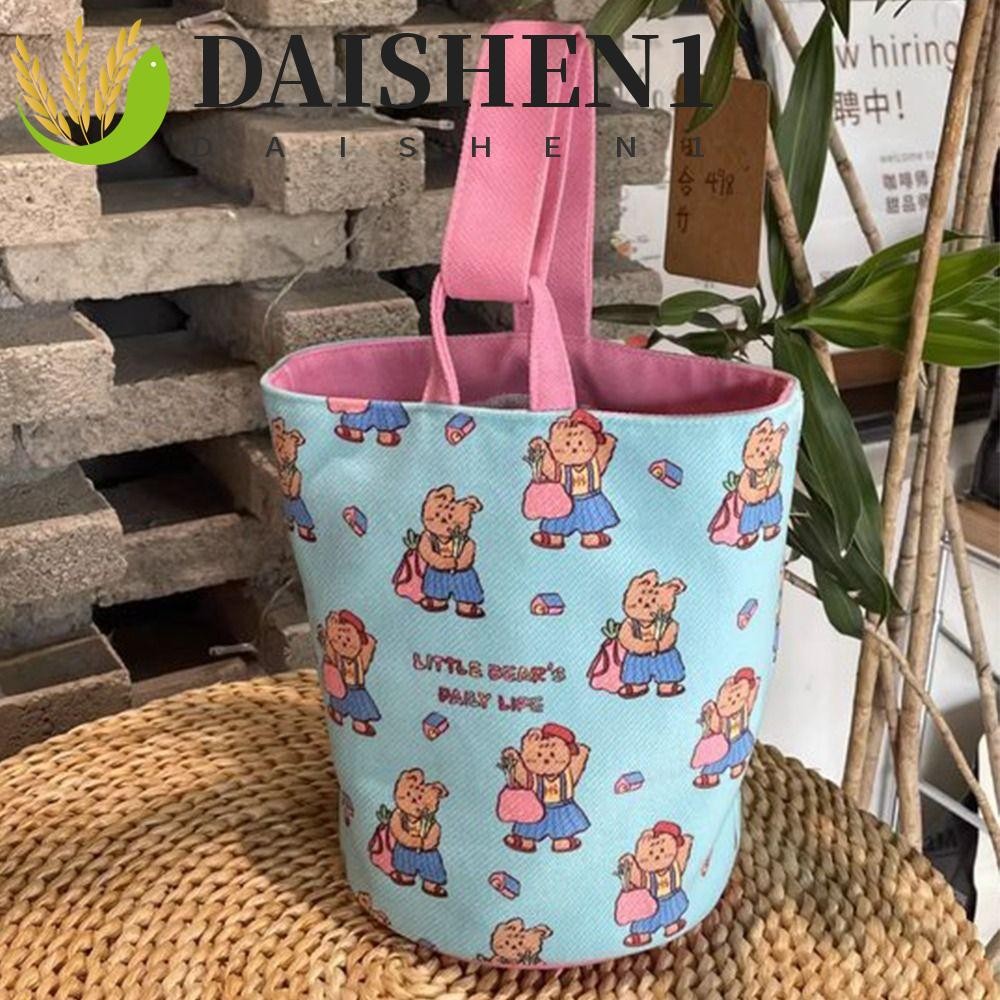 Daishen1 กระเป๋าถือ ผ้าแคนวาส ทรงบักเก็ต ขนาดใหญ่ จุของได้เยอะ ลายหมีน่ารัก สไตล์เกาหลี เรโทร สําหรับผู้หญิง