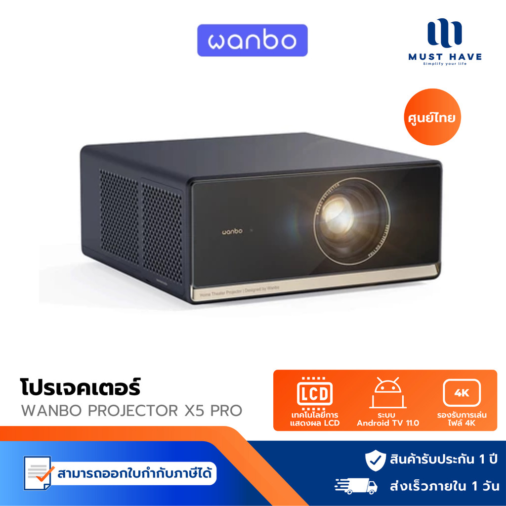 Wanbo X5 Pro Projector Full HD 4K โปรเจคเตอร์ ความสว่างสูง 1100ANSI Built-In Android 11.0