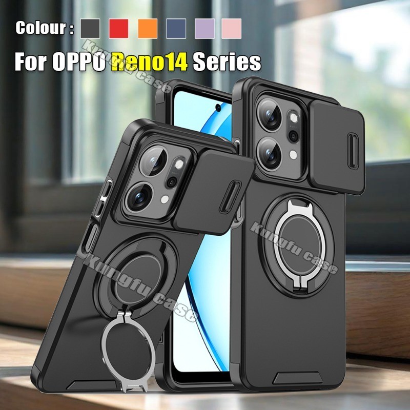 ปลอกสําหรับ OPPO Reno 14 13 Pro F 13F Reno14 Reno14Pro Reno13 5G 4G หน้าต่างบานเลื่อนแหวนเคสโทรศัพท์วงเล็บกันกระแทกเลนส์ป้องกันขาตั้ง Anti Fall Hard ฝาหลัง