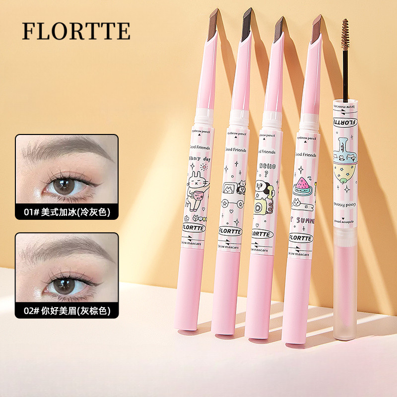 FLORTTE ดินสอเขียนคิ้ว 2 หัว พร้อมย้อมคิ้ว กันน้ํา ไม่หลุดร่วงเป็นธรรมชาติ สําหรับแต่งหน้าตา