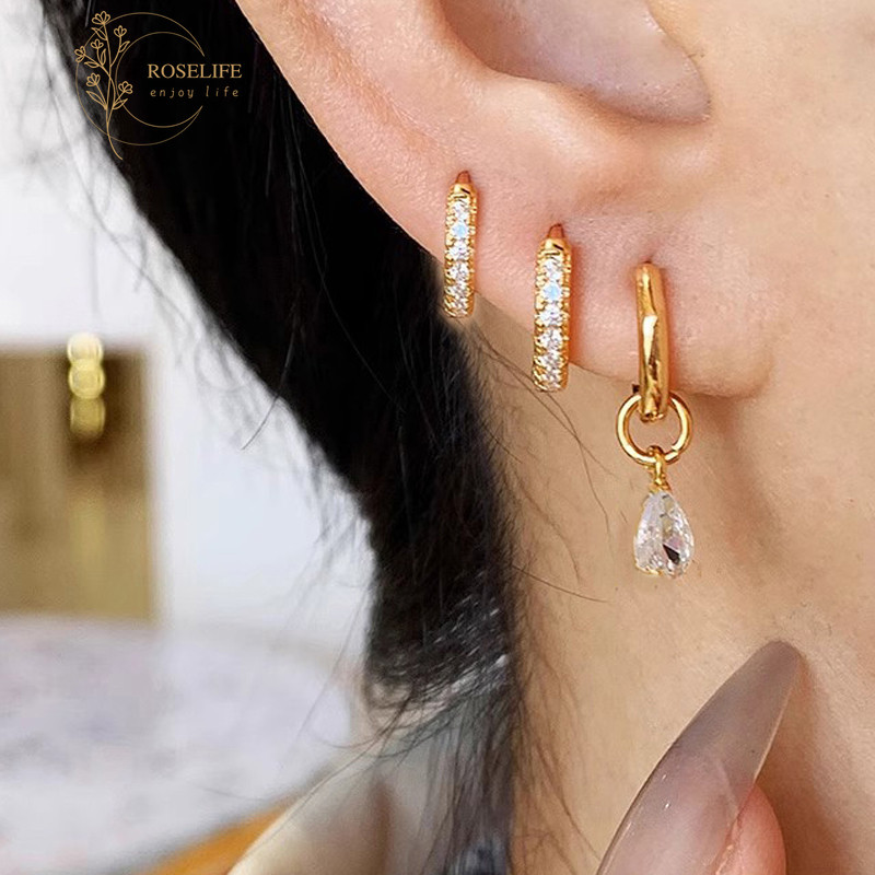 Roselife 14K Gold 3PCS หยดคริสตัลวงกลม Hoop ต่างหูชุดแฟชั่นสำหรับผู้หญิง หลายขนาดรู เครื่องประดับต่างหู