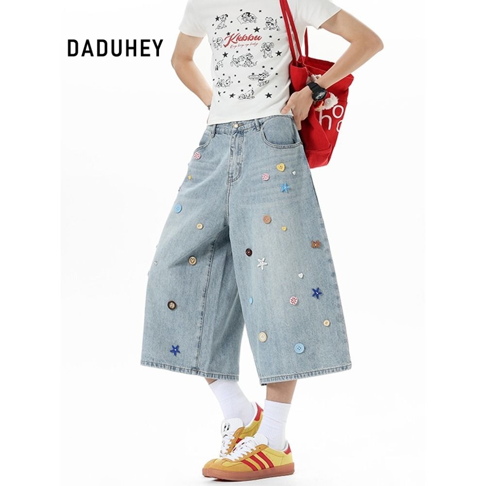 DaDuHey Women's Wide-Leg Cropped Pants 2026 Summer New Small American Retro Color XINGX Button