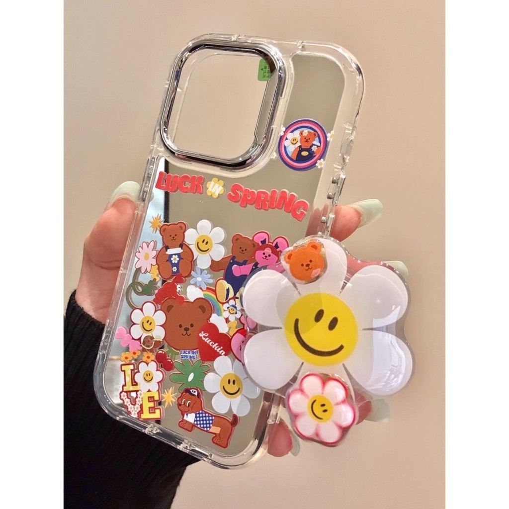 ดอกไม้หมีกระต่ายเหมาะสําหรับ Samsung s25ultra เคสโทรศัพท์ s24 + s23 + สไตล์เกาหลี s21 + s20fe กระจกแต่งหน้า a54a15 ขนาดเล็กสด a16a55 น่ารัก a17a36 กันกระแทก note20