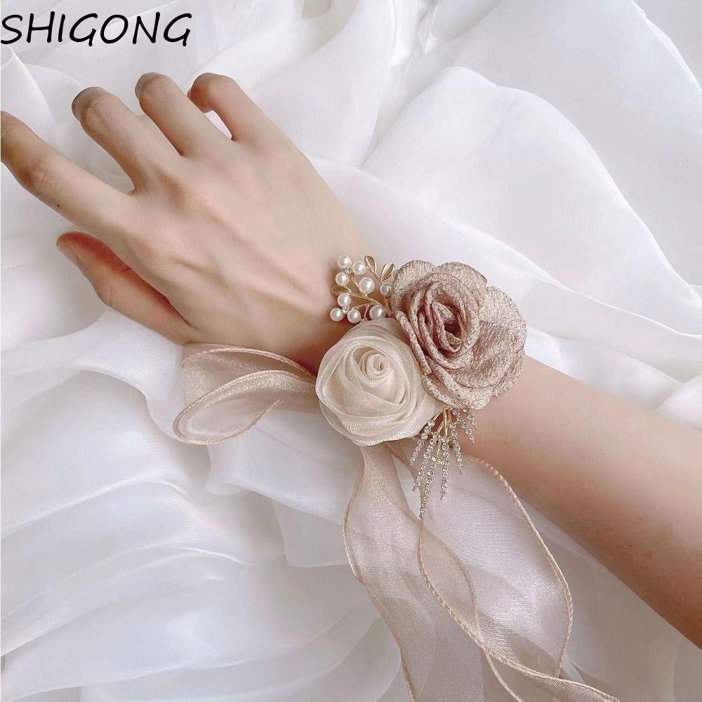 ชิกง แต่งงานข้อมือดอกไม้คริสตัลที่เรียบง่ายหรูหราชุดแต่งงานอุปกรณ์เสริมสีเบจแชมเปญแอปริคอทเครื่องประดับเพื่อนเจ้าสาวดอกไม้ข้อม
