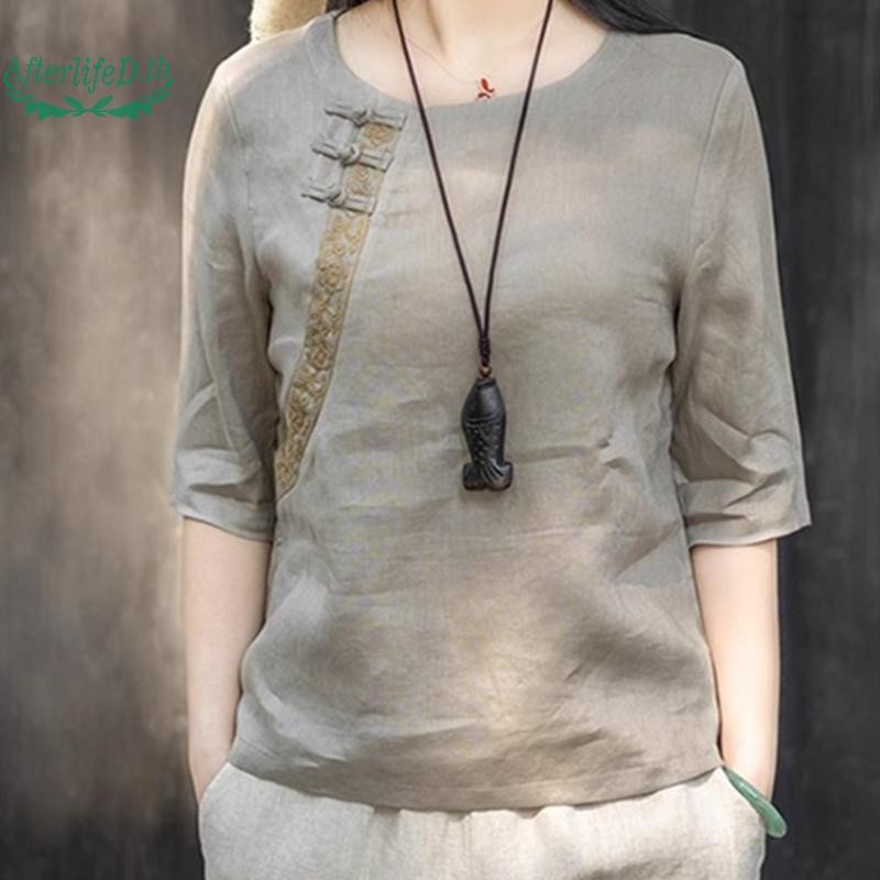 เสื้อเชิ้ตผ้าฝ้ายลินินปักลายสำหรับผู้หญิง ทรงหลวมมีกระดุม สไตล์ฤดูร้อน