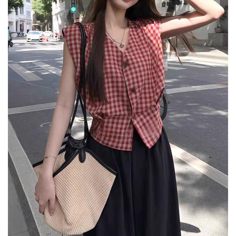 CHILI#เสื้อกั๊กแขนกุดลายสก็อตสไตล์ฝรั่งเศสย้อนยุคสำหรับฤดูร้อน มีดีไซน์เอว สามารถใส่เป็นเสื้อตัวนอกได้ สวมใส่สบาย#99167