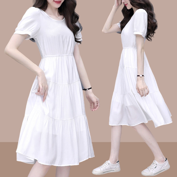 กางเกงขาบานสไตล์ฝรั่งเศส vynn official 2023ฤดูร้อนใหม่ชุดเดรสแขนสั้นสีขาวผ้าคุณภาพสูงหลายขนาดเลือกกร